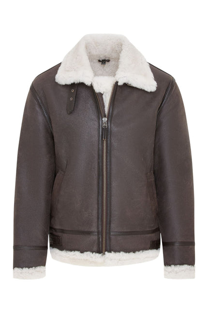 Mens Creck Brown Warm Sheepskin Aviator Zip-Up Flight Jacket-Harrogate