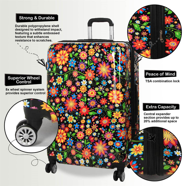 Strong Expandable Hard Shell Dual 4 Wheel Suitcase Set Print Luggage Cabin Travel Bag