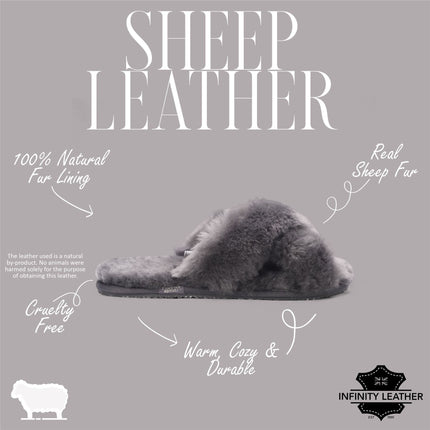Women's Sheepskin Slippers Grey Warm Winter Fur Crossover - Snowbelle