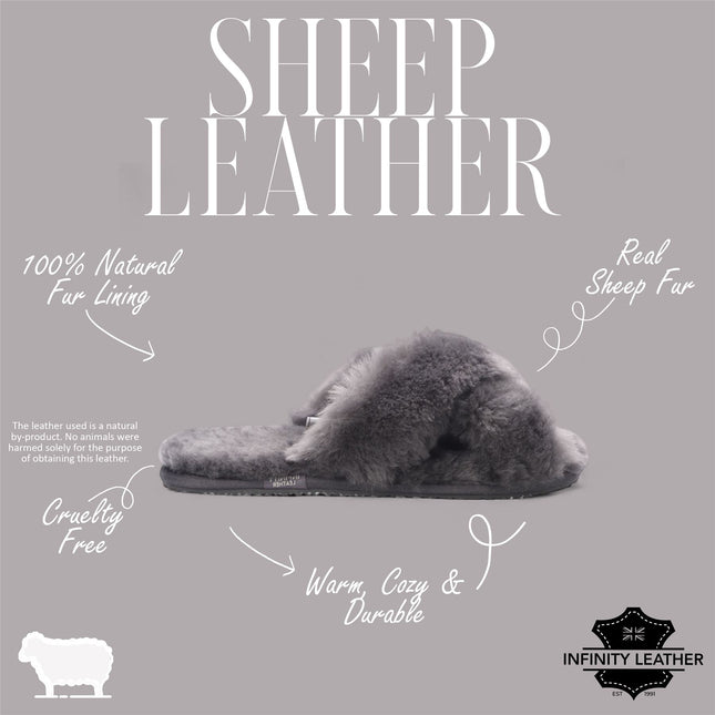 Women's Sheepskin Slippers Grey Warm Winter Fur Crossover - Snowbelle