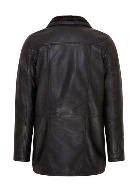 Mens Leather Jacket Classic Trench Coat with Removable Collar Mid Length Warm Overcoat