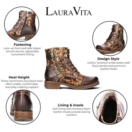 Laura Vita Women's Brown Floral Victorian Leather Lace-up Ankle Boots - Anitao - 11