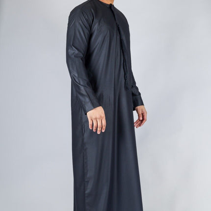 Men's Black Thobe Emirati Islamic Jubba Robe Eid Tassel Slim Fit