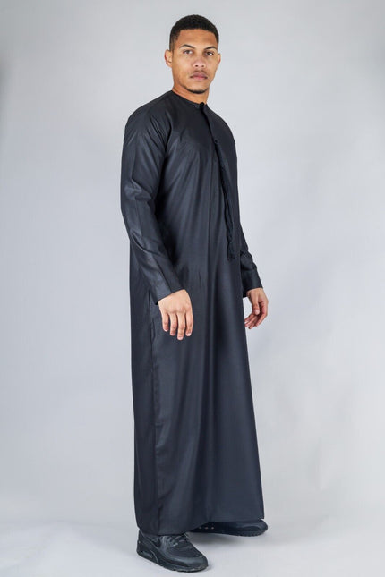Men's Black Thobe Emirati Islamic Jubba Robe Eid Tassel Slim Fit