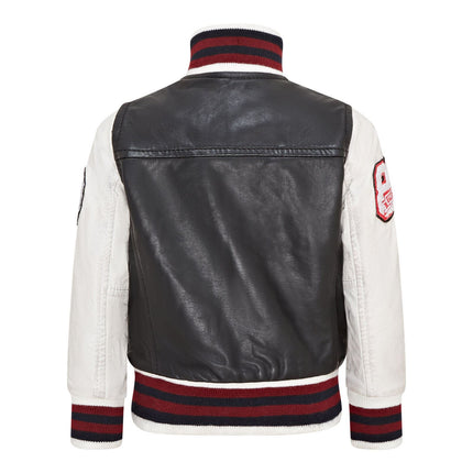 Kids Black Letterman Leather Varsity College Bomber Jacket