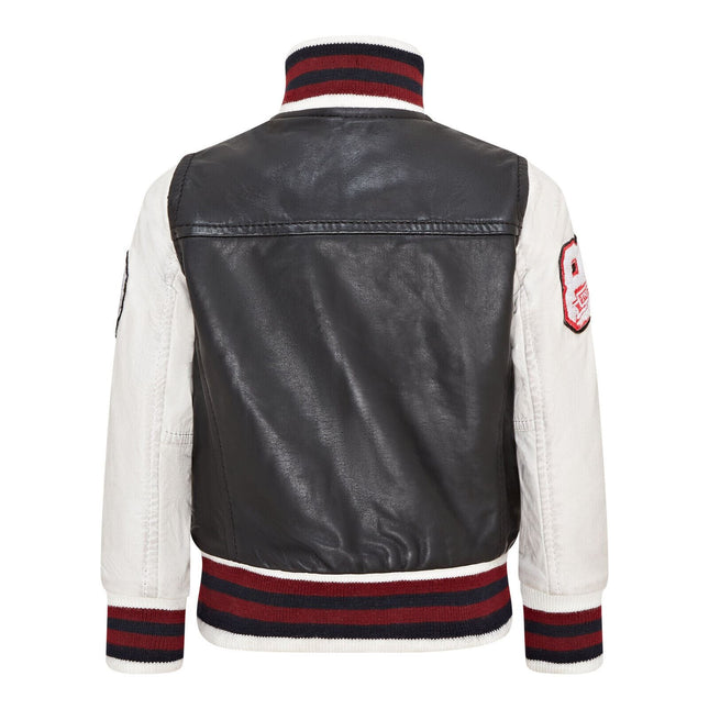 Kids Black Letterman Leather Varsity College Bomber Jacket