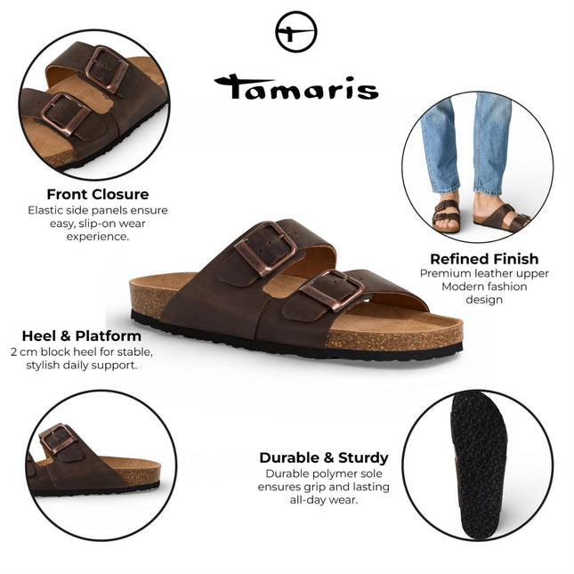 Tamaris Men's Brown Leather Slip-On Footbed Slipper Sandals