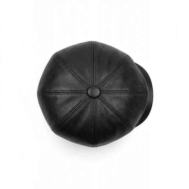 Men's Black Faux Leather Vintage 8-Panel Gatsby Baker Boy Hat - MHT-1