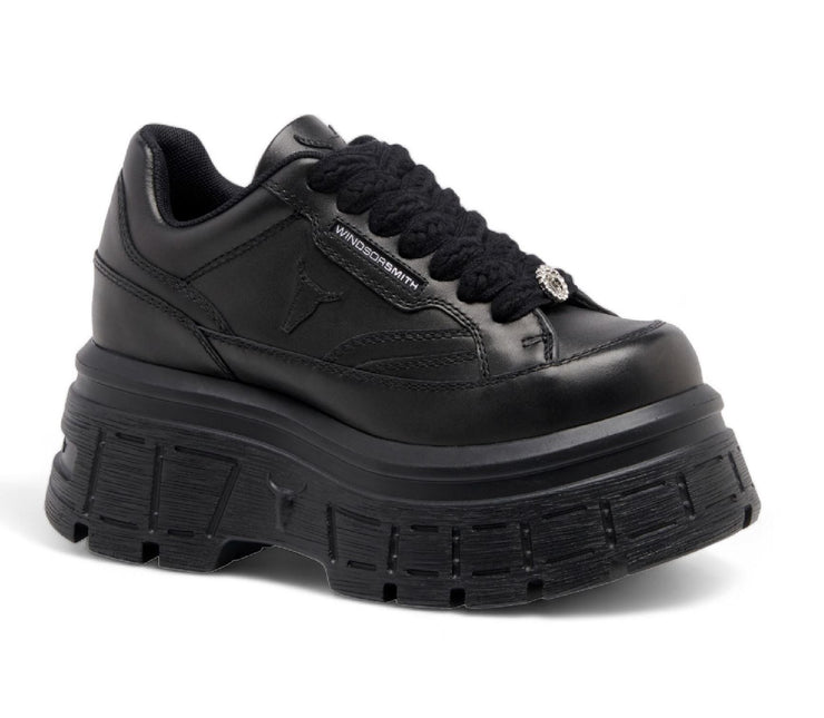 Windsorsmith Womens Black Chunky Leather Platform Trainers Sneakers - Swerve