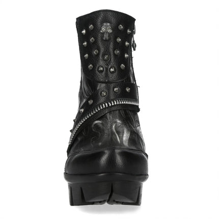 New Rock Womens Neopunk001-C19 Black Gothic Heeled Punk Leather Ankle Boots