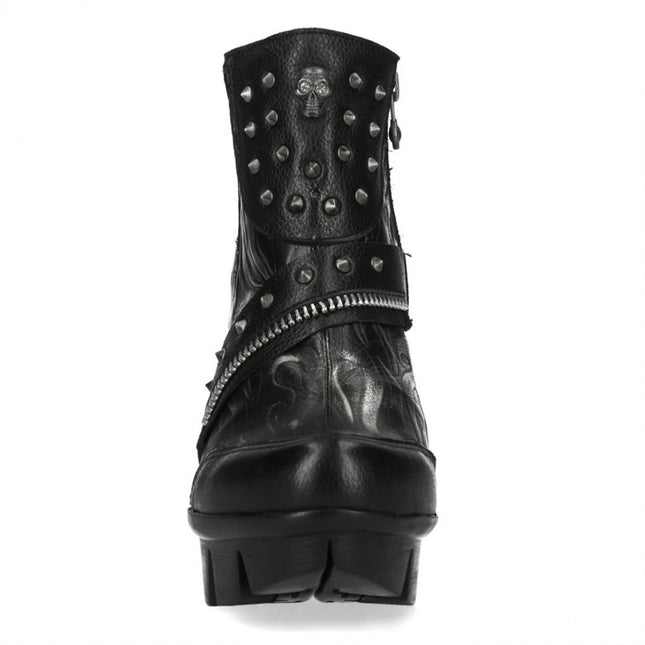 New Rock Womens Neopunk001-C19 Black Gothic Heeled Punk Leather Ankle Boots