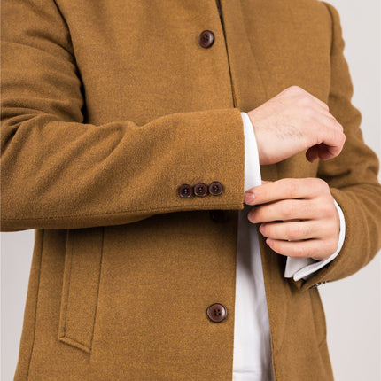 Men's Tan Stand Collar Wool Blend Overcoat