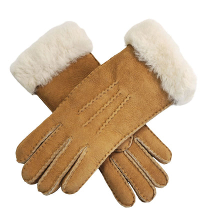 Infinity Leather Womens Tan Sheepskin Suede Gloves with Fur Cuff
