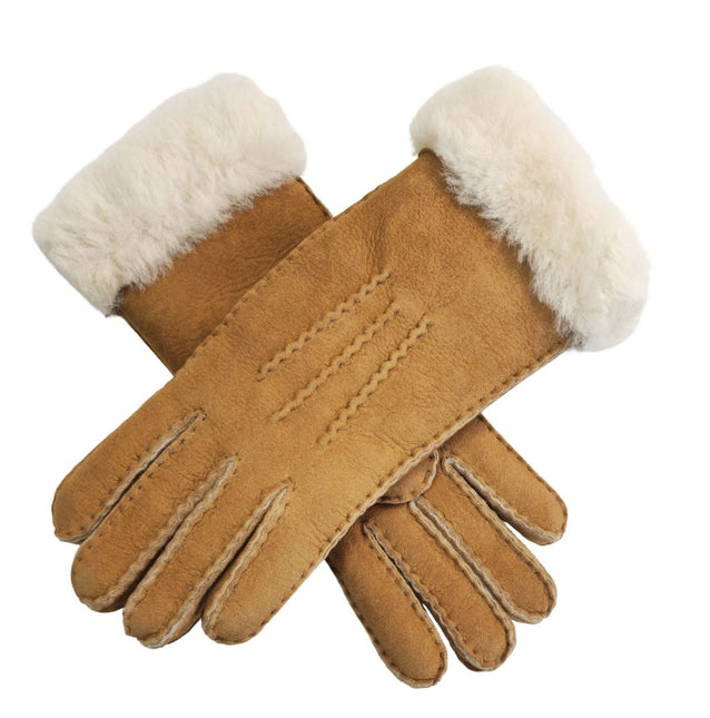 Infinity Leather Womens Tan Sheepskin Suede Gloves with Fur Cuff