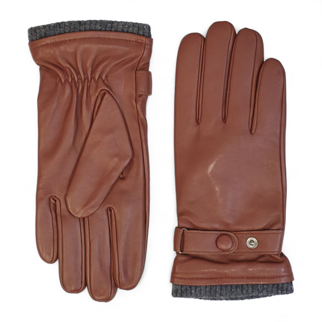 Men’s Tan Brown Italian Leather Warm Wool Lining Winter Knit Rib Gloves - M-LGV-105