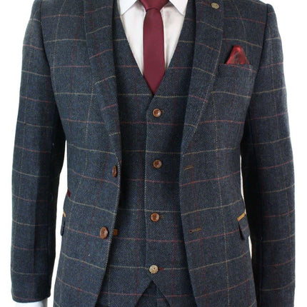Mens 3 Piece Navy Blue Herringbone Check Vintage Suit