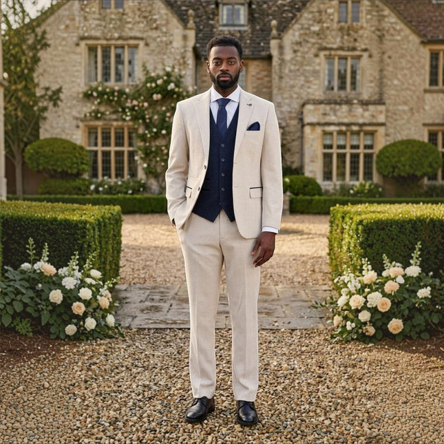 Men's Check Cream Blazer Navy Waistcoat Wedding 3 Piece Suit - Regent