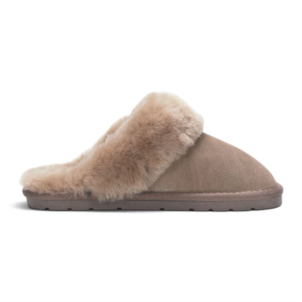 Women's Genuine Sheepskin Taupe Suede Mule Winter Slippers - Luna