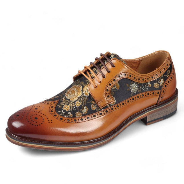 Justin Reess Men's Brown Leather Floral Print Brogue Dress Shoes - Ross