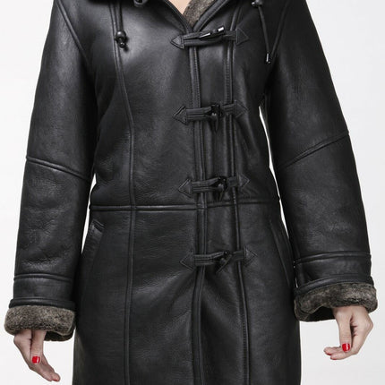 Womens Black Shearling Hooded Duffle Coat-Lille