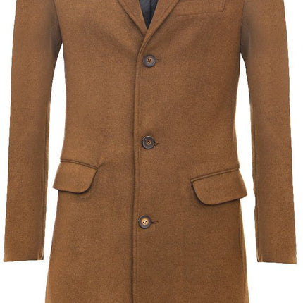 Men's Long Brown Wool Slim Fit Overcoat