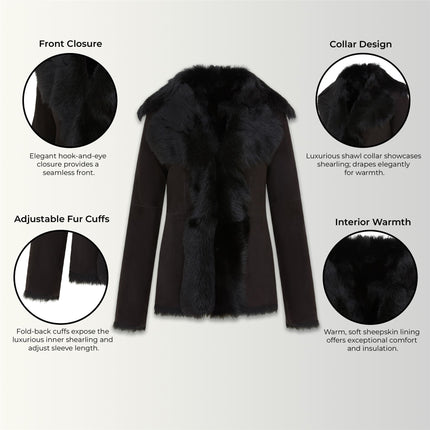 Women's Black Sheepskin Toscana Shearling Suede Leather Jacket - Noiré