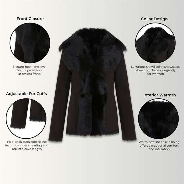 Women's Black Sheepskin Toscana Shearling Suede Leather Jacket - Noiré