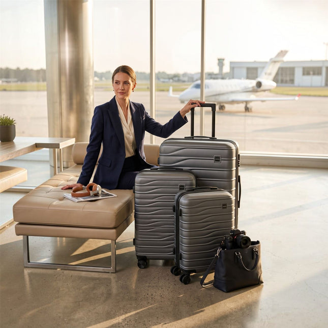 Hardshell Charcoal Grey Suitcase Set Robust 8 Wheel Luggage Cabin Case Bag