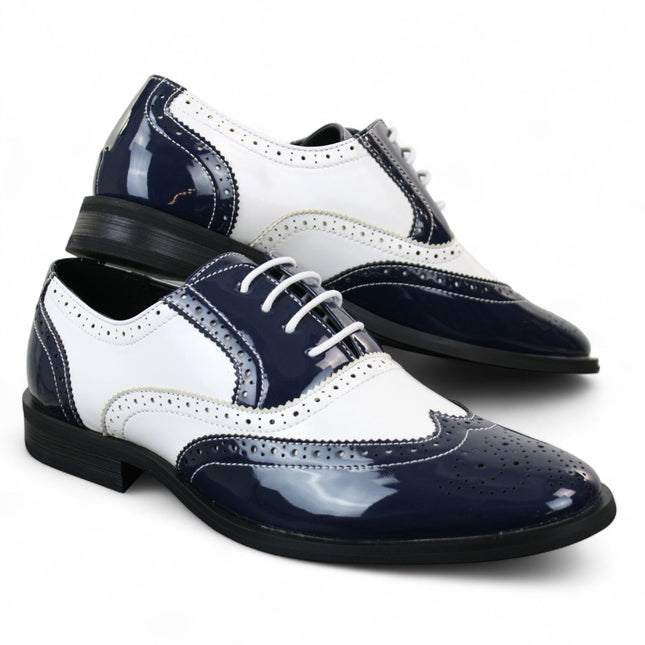 Men's Patent Lace-Up Navy White Brogues Smart Dress Shoes