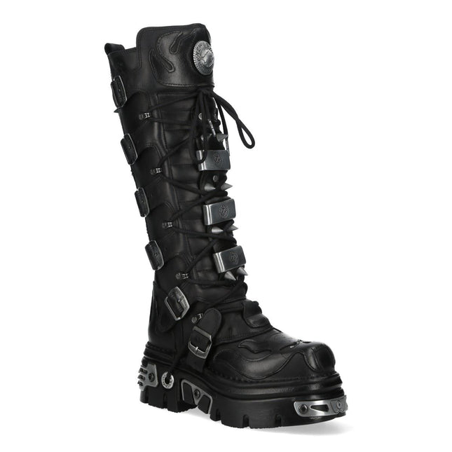 New Rock M-161-C10 Knee High Black Leather Spiked Gothic Boots