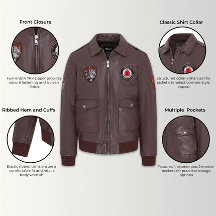 Men’s Brown Leather Bomber G-1 Aviator Collar Jacket  - Maverick