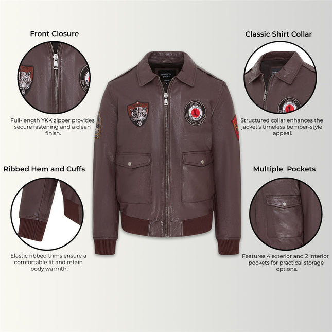 Men’s Brown Leather Bomber G-1 Aviator Collar Jacket  - Maverick