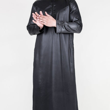 Men's Black Thobe Robe Satin Emirati Islamic Jubba Eid Slim Fit