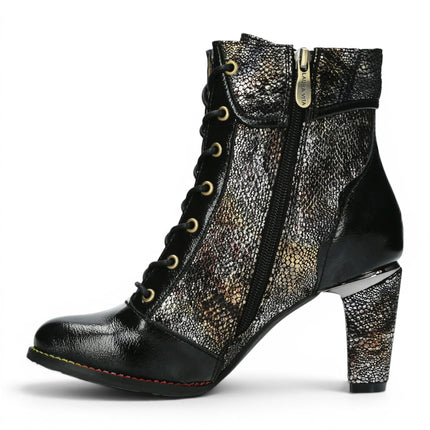 Laura Vita Women’s Black Leather Floral Heeled Lace-Up Boots - Alcbaneo 173