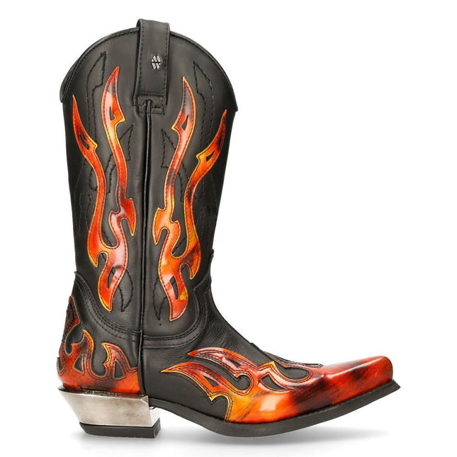 New Rock Flame Accented Black/Red Mid-Calf Cowboy Boots -7921-S2