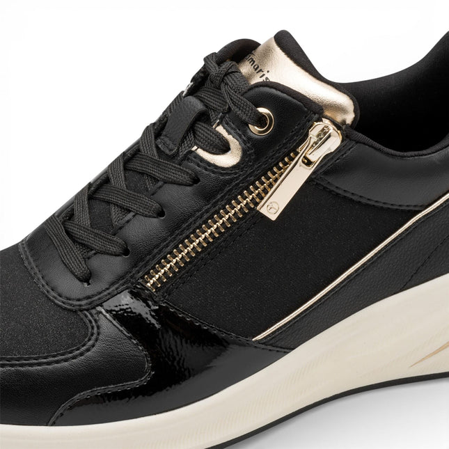 Tamaris Women’s Black Gold Platform Trainers Sneaker Zip Lace-Up Running Shoes