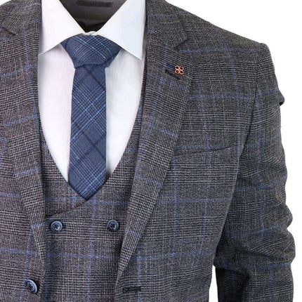 Mens 3 Piece Grey With Blue Check Tweed Vintage Classic Suit