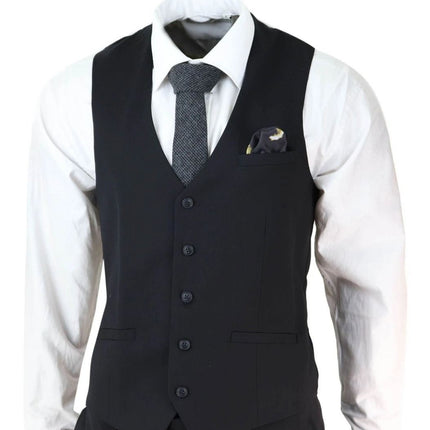 Mens 3 Piece Plain Black Classic Retro Tailored Suit