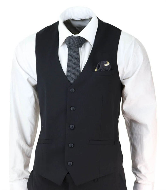 Mens 3 Piece Plain Black Classic Retro Tailored Suit
