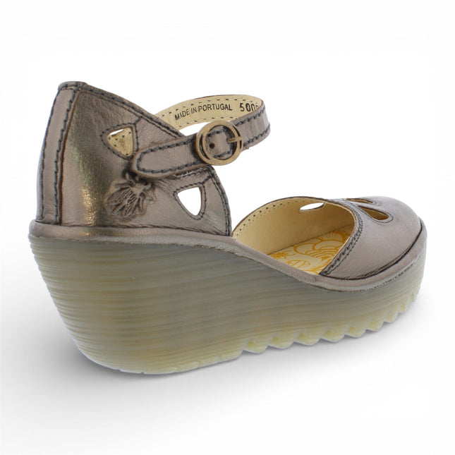 Fly London Women's Yuna Bronze Brown Leather Wedge Sandals