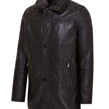 Mens Leather Jacket Classic Trench Coat with Removable Collar Mid Length Warm Overcoat