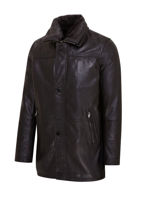 Mens Leather Jacket Classic Trench Coat with Removable Collar Mid Length Warm Overcoat