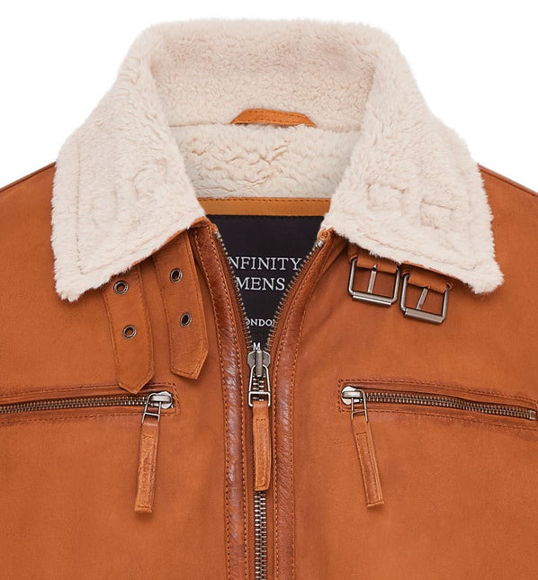 Mens Real Sheep Suede Bomber Jacket Aviator Jacket with Fur Lining