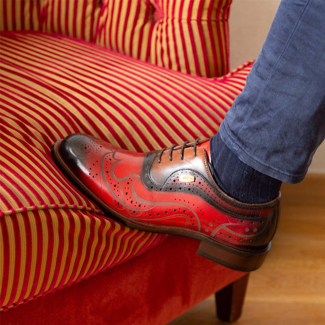 Lorenzo Conti Men's Red Black Leather Brogue Oxford Dress Shoes - Ayan-01