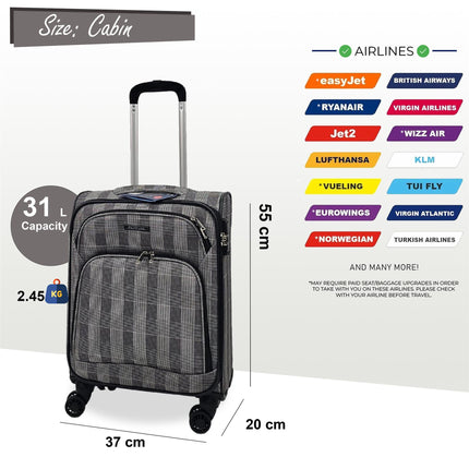 Soft Shell Cabin Suitcase 55 x 37 x 20 cm Lightweight Luggage Suitable for Easyjet, Ryanair