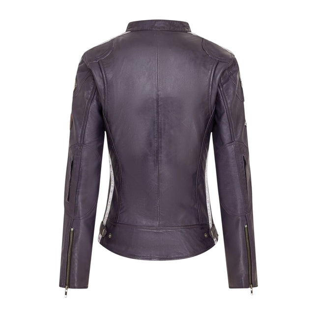 Womens Biker Racing Badges Purple Leather Jacket-Eastleigh