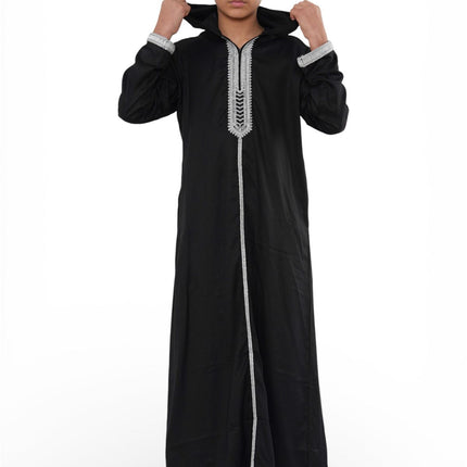 Kids Boys Black Eid Hooded Moroccan Thobe Robe Djellaba Ramadan Jubba- K-HM3