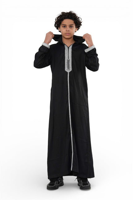 Kids Boys Black Eid Hooded Moroccan Thobe Robe Djellaba Ramadan Jubba- K-HM3