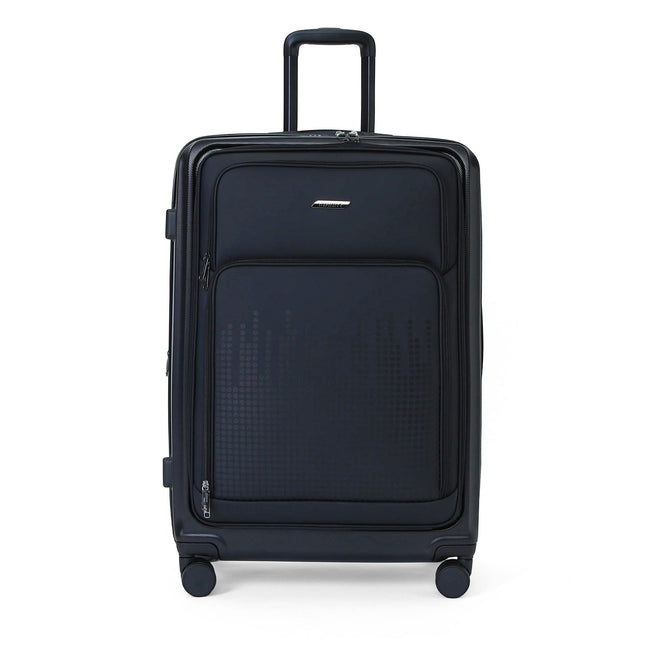 Hybrid ABS+PU Hard Shell Black Suitcase Set 8 Wheel Front Pocket Luggage