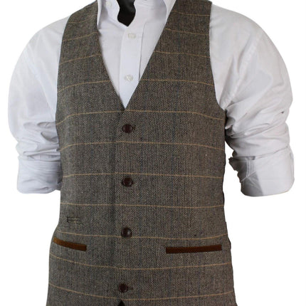 Mens 3 Piece Tan Tweed Check Suit